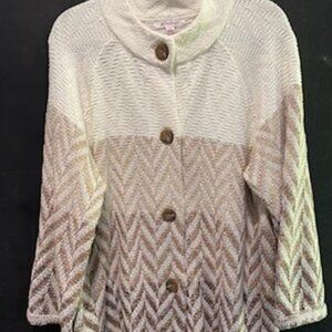 JM Collection Cardigan Sweater Size XL Cream Tan Brown Walnut Chevron Stripe